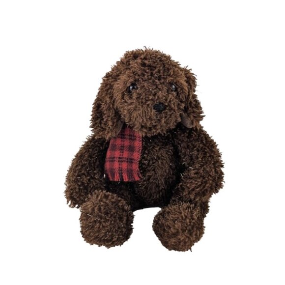 Russ Berrie Brown Dog Plush 6" Stuffed Animal Toy Sparkle Fur Red Plaid Scarf - Picture 1 of 6